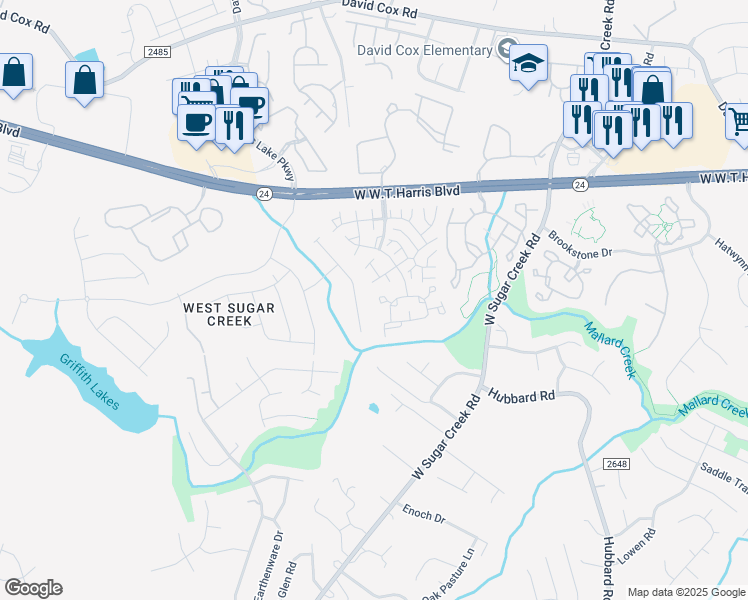 map of restaurants, bars, coffee shops, grocery stores, and more near 6079 Cougar Lane in Charlotte