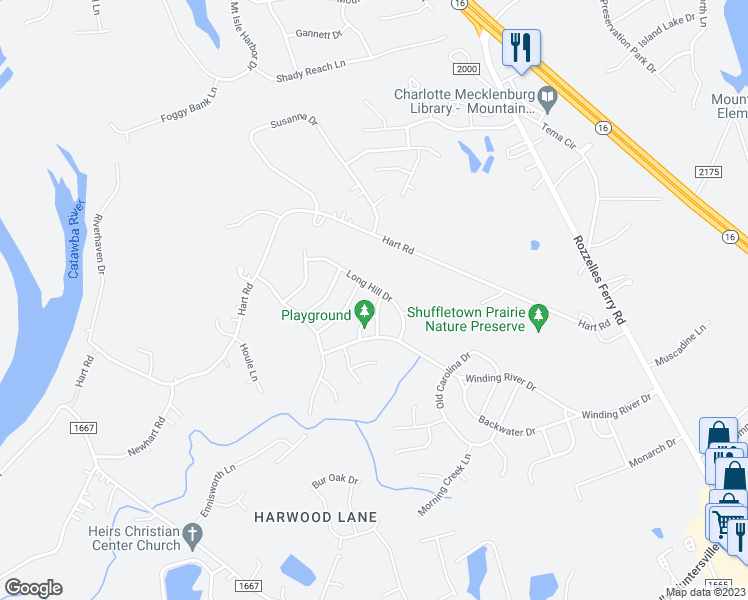 map of restaurants, bars, coffee shops, grocery stores, and more near 9906 Shellview Lane in Charlotte