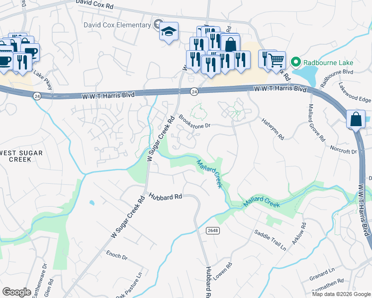 map of restaurants, bars, coffee shops, grocery stores, and more near 5850 Prescott Court in Charlotte