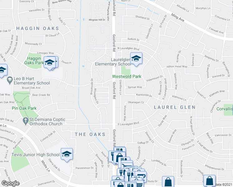 map of restaurants, bars, coffee shops, grocery stores, and more near 2818 Gosford Road in Bakersfield