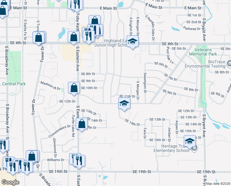 map of restaurants, bars, coffee shops, grocery stores, and more near 1200 South Bouziden Drive in Moore
