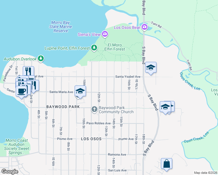 map of restaurants, bars, coffee shops, grocery stores, and more near 1301 14th Street in Baywood-Los Osos