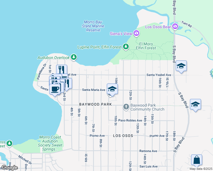 map of restaurants, bars, coffee shops, grocery stores, and more near 1277 9th Street in Baywood-Los Osos
