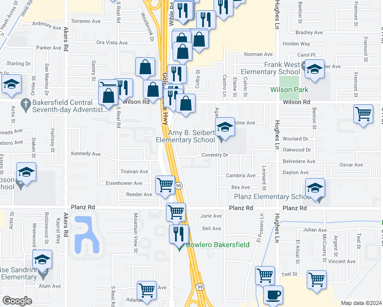 map of restaurants, bars, coffee shops, grocery stores, and more near 2813 Villalovos Court in Bakersfield