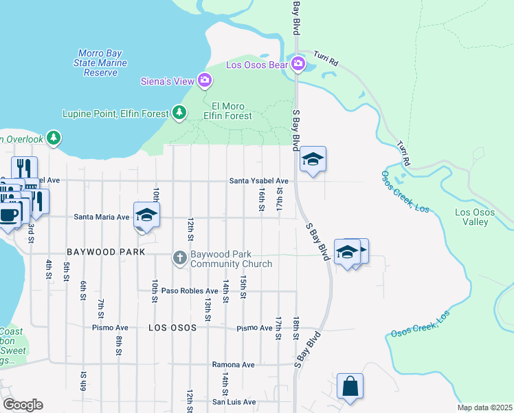 map of restaurants, bars, coffee shops, grocery stores, and more near 16th Street in Baywood-Los Osos