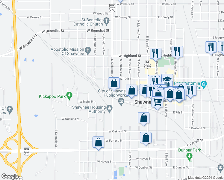 map of restaurants, bars, coffee shops, grocery stores, and more near 198 North Kickapoo Street in Shawnee