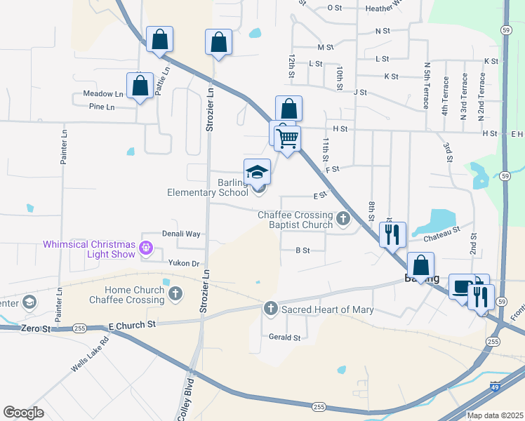 map of restaurants, bars, coffee shops, grocery stores, and more near 1400 D Street in Barling
