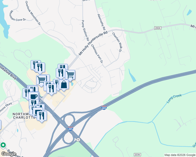 map of restaurants, bars, coffee shops, grocery stores, and more near 10620 Overlook Mountain Drive in Charlotte