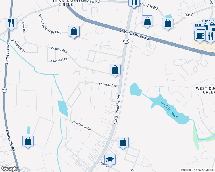 map of restaurants, bars, coffee shops, grocery stores, and more near 7805 Casa Loma Road in Charlotte