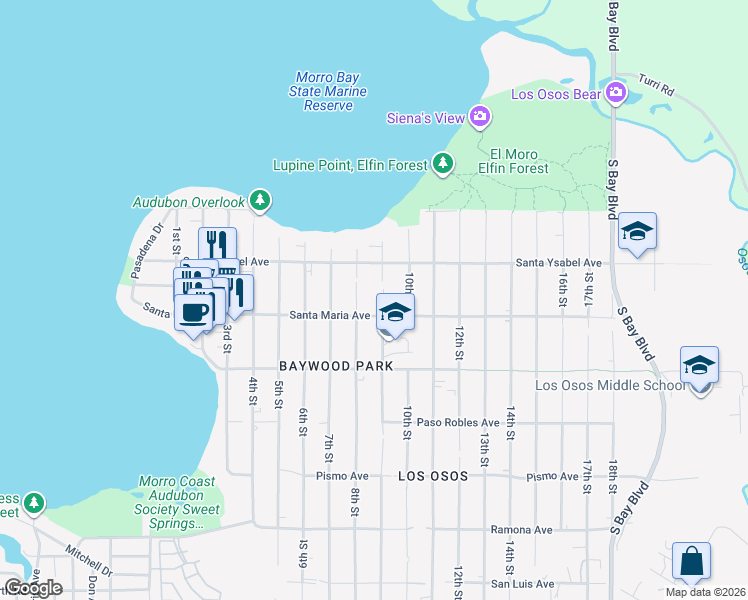map of restaurants, bars, coffee shops, grocery stores, and more near 1277 9th Street in Baywood-Los Osos