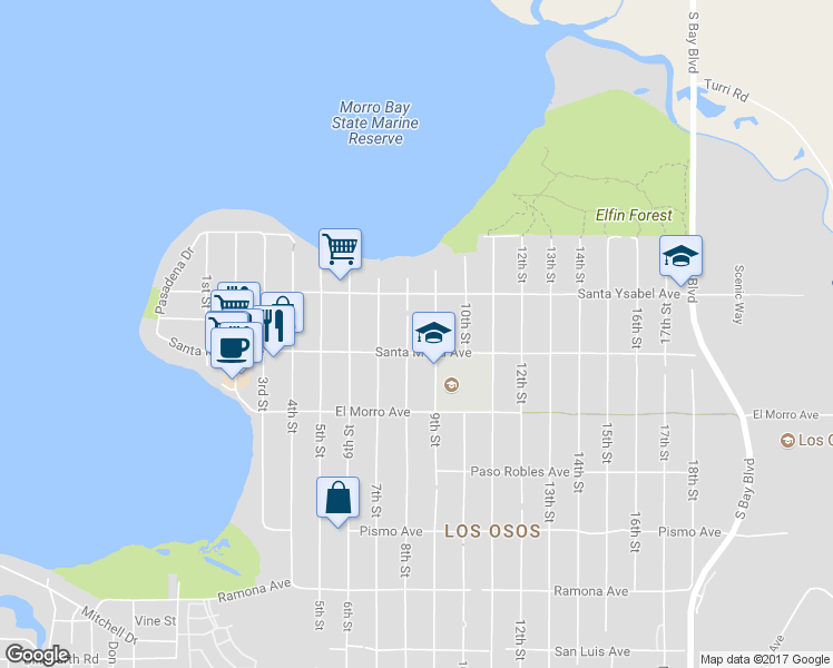 map of restaurants, bars, coffee shops, grocery stores, and more near 1276 8th Street in Baywood-Los Osos