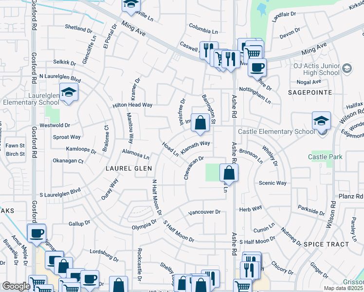 map of restaurants, bars, coffee shops, grocery stores, and more near 6908 Klamath Way in Bakersfield