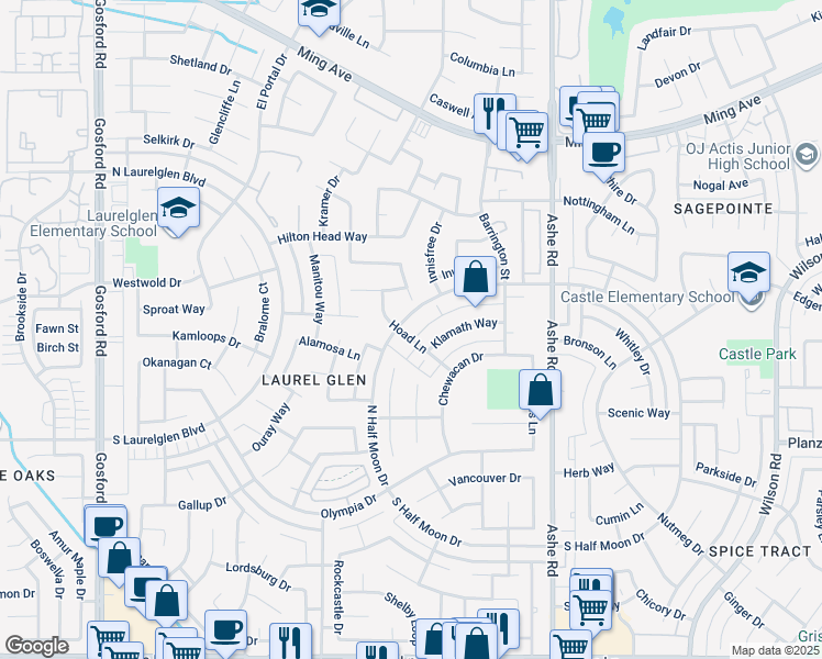 map of restaurants, bars, coffee shops, grocery stores, and more near 3001 Pendleton Court in Bakersfield