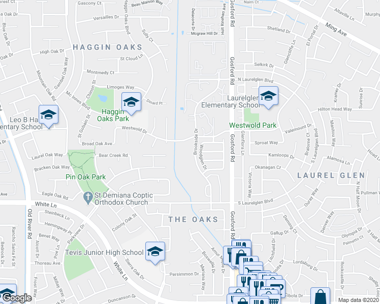 map of restaurants, bars, coffee shops, grocery stores, and more near 2933 Brookside Drive in Bakersfield