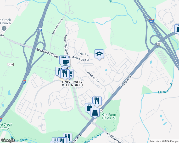 map of restaurants, bars, coffee shops, grocery stores, and more near 630 Minglewood Drive in Charlotte
