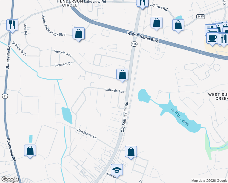 map of restaurants, bars, coffee shops, grocery stores, and more near 7805 Casa Loma Road in Charlotte