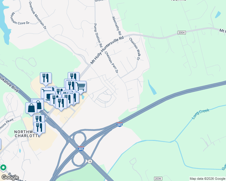 map of restaurants, bars, coffee shops, grocery stores, and more near 10624 Overlook Mountain Drive in Charlotte