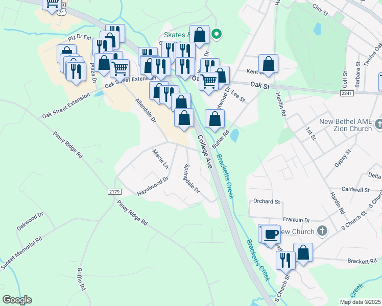 map of restaurants, bars, coffee shops, grocery stores, and more near 271 Springdale Drive in Forest City