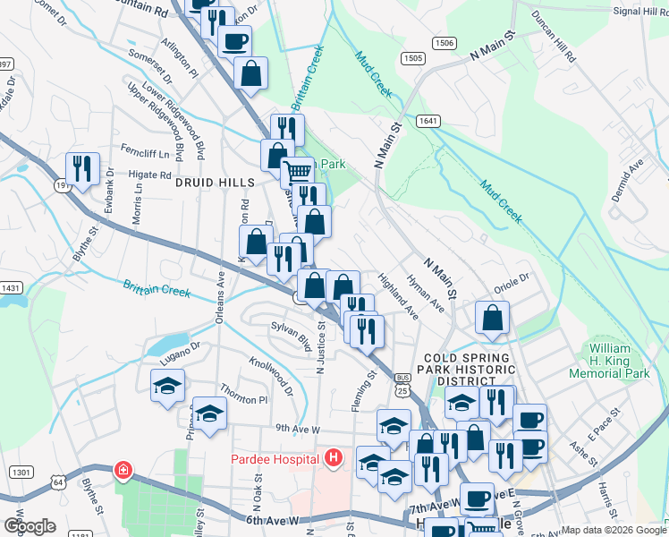 map of restaurants, bars, coffee shops, grocery stores, and more near 1423 Ridgecrest Drive in Hendersonville
