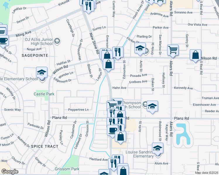 map of restaurants, bars, coffee shops, grocery stores, and more near 3009 New Stine Road in Bakersfield