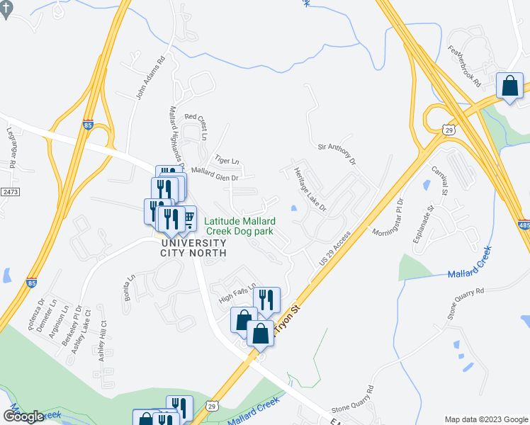 map of restaurants, bars, coffee shops, grocery stores, and more near 10740 Hill Point Court in Charlotte