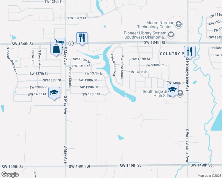 map of restaurants, bars, coffee shops, grocery stores, and more near 14105 Lago Strada in Oklahoma City