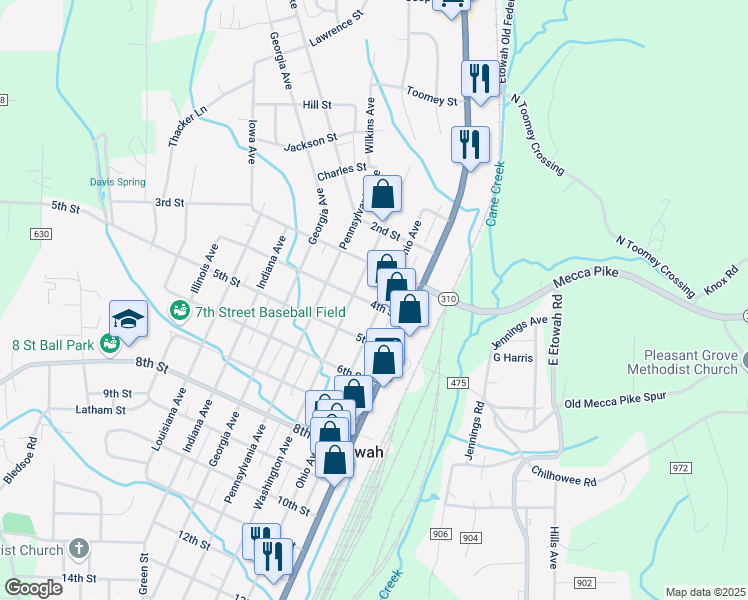 map of restaurants, bars, coffee shops, grocery stores, and more near 400 Tennessee Avenue in Etowah