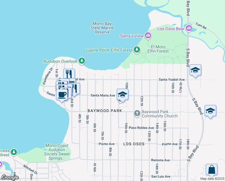 map of restaurants, bars, coffee shops, grocery stores, and more near 1276 8th Street in Baywood-Los Osos