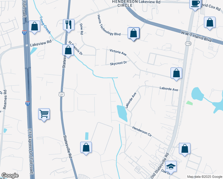 map of restaurants, bars, coffee shops, grocery stores, and more near 5435 Henderson Oaks Drive in Charlotte