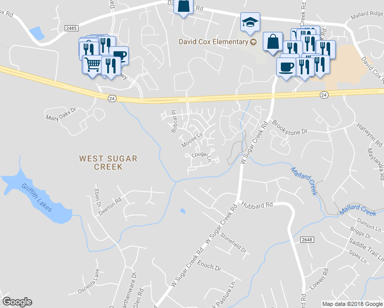 map of restaurants, bars, coffee shops, grocery stores, and more near 5771 Cougar Lane in Charlotte