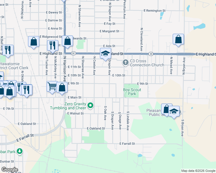 map of restaurants, bars, coffee shops, grocery stores, and more near 114 North Draper Avenue in Shawnee
