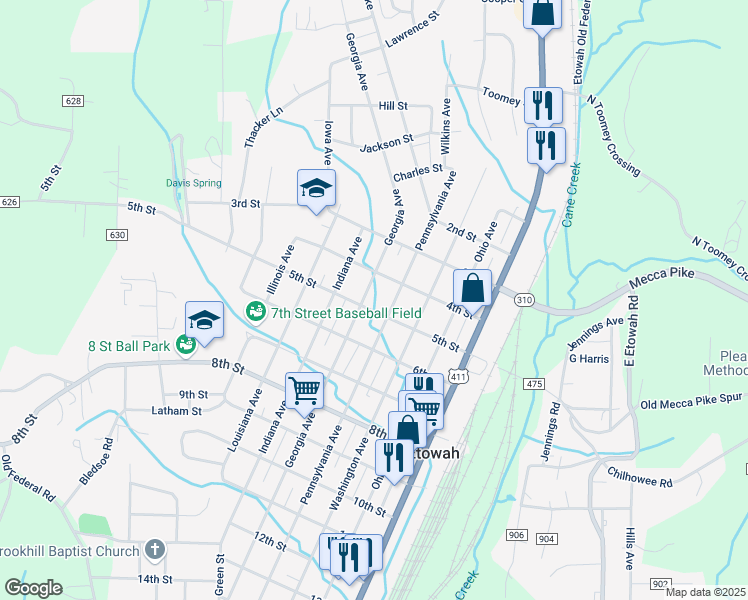 map of restaurants, bars, coffee shops, grocery stores, and more near 414 Georgia Avenue in Etowah