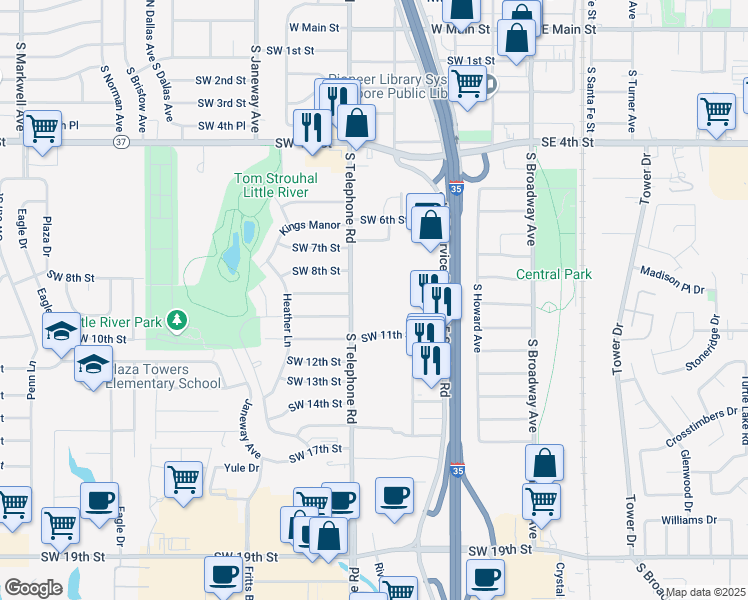 map of restaurants, bars, coffee shops, grocery stores, and more near 1000 South Telephone Road in Oklahoma City