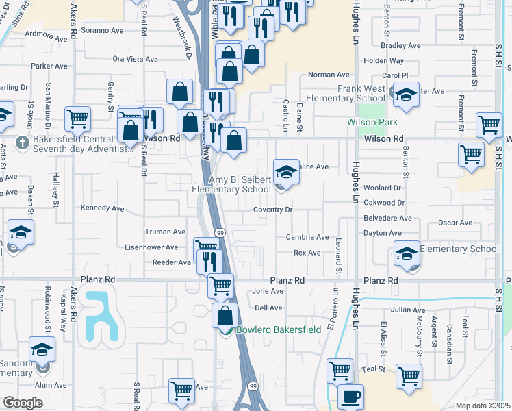 map of restaurants, bars, coffee shops, grocery stores, and more near 2716 Villalovos Court in Bakersfield