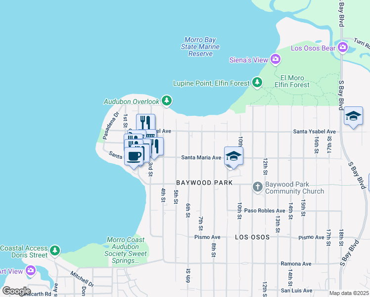 map of restaurants, bars, coffee shops, grocery stores, and more near 1227 6th Street in Baywood-Los Osos
