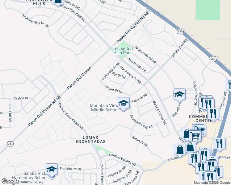 map of restaurants, bars, coffee shops, grocery stores, and more near 7340 Donet Drive Northeast in Rio Rancho