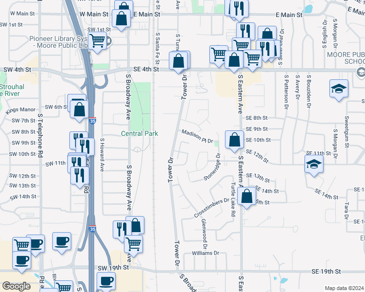 map of restaurants, bars, coffee shops, grocery stores, and more near 1012 Golden Leaf Drive in Moore