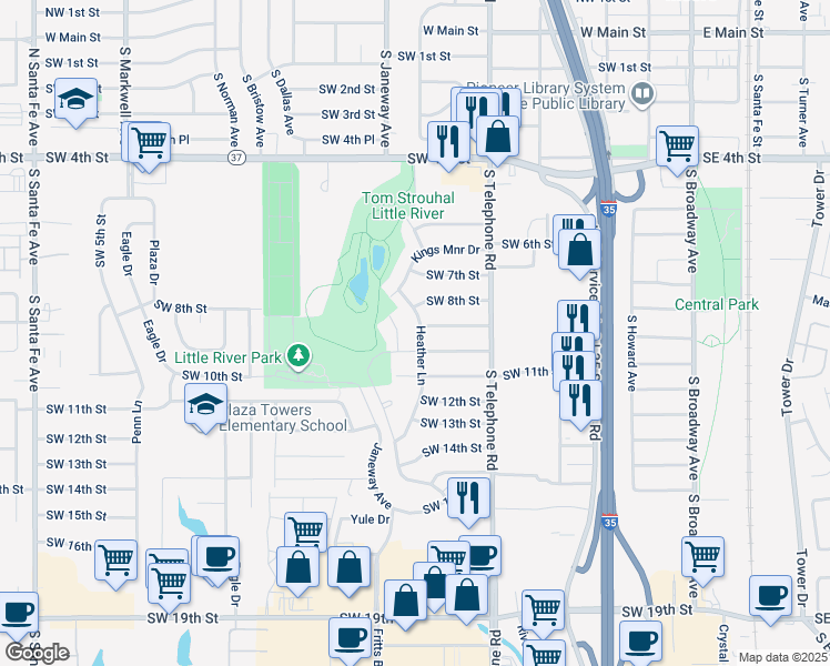 map of restaurants, bars, coffee shops, grocery stores, and more near 644 Southwest 8th Street in Moore