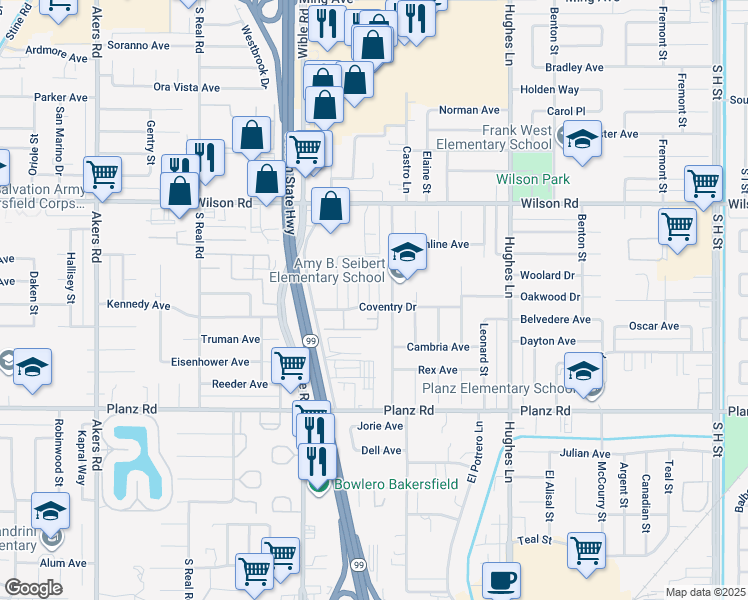 map of restaurants, bars, coffee shops, grocery stores, and more near 2801 Agate Street in Bakersfield