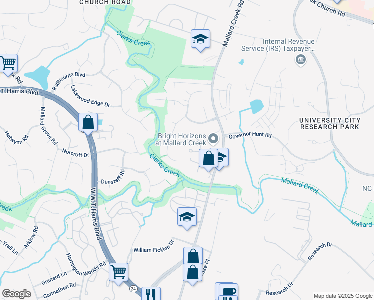 map of restaurants, bars, coffee shops, grocery stores, and more near 3272 Summercroft Lane in Charlotte