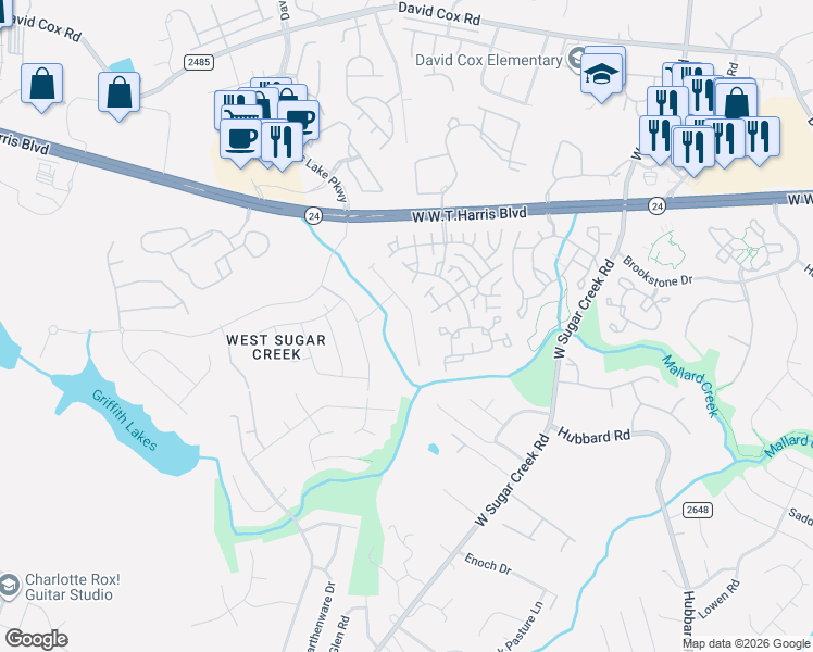 map of restaurants, bars, coffee shops, grocery stores, and more near 5950 Moose Lane in Charlotte