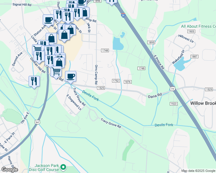 map of restaurants, bars, coffee shops, grocery stores, and more near 108 Dania Drive in Hendersonville