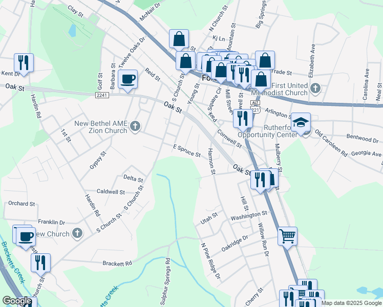 map of restaurants, bars, coffee shops, grocery stores, and more near 161 East Spruce Street in Forest City