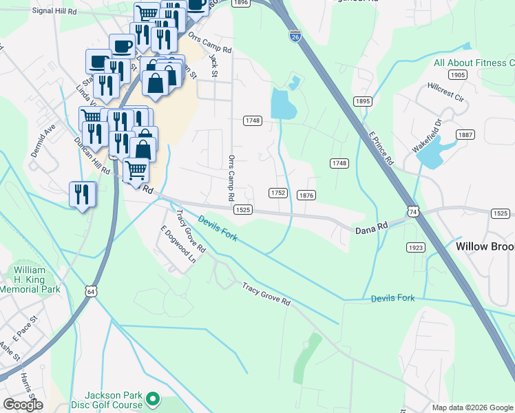 map of restaurants, bars, coffee shops, grocery stores, and more near 108 Dania Drive in Hendersonville