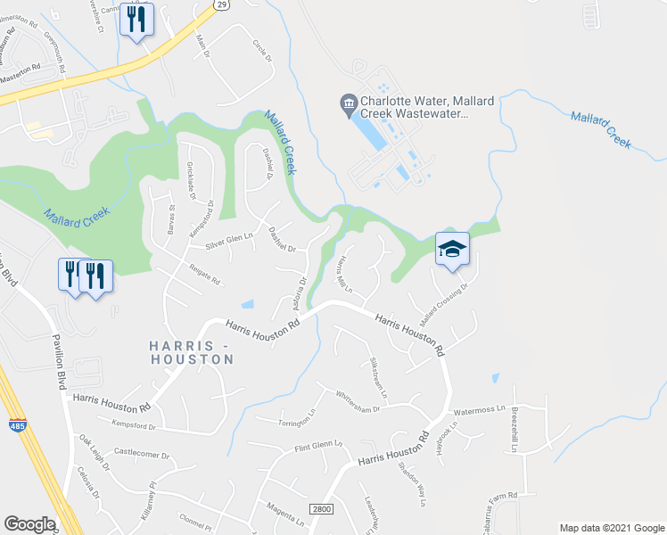 map of restaurants, bars, coffee shops, grocery stores, and more near 3207 Harris Mill Lane in Charlotte