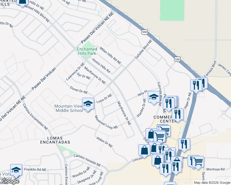 map of restaurants, bars, coffee shops, grocery stores, and more near 4300 Safelite Boulevard Northeast in Rio Rancho