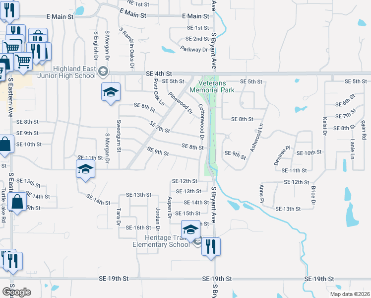 map of restaurants, bars, coffee shops, grocery stores, and more near 1804 Southeast 7th Street in Moore