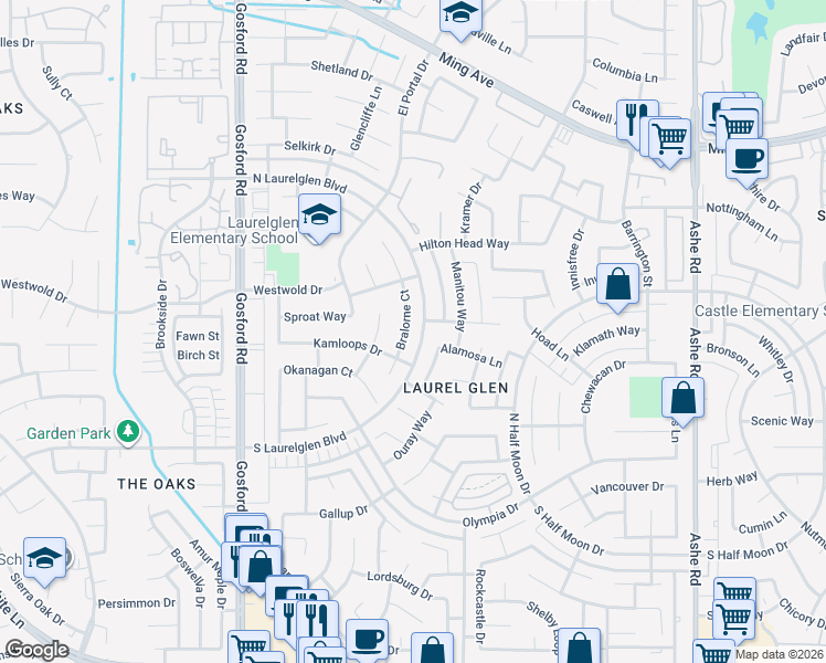 map of restaurants, bars, coffee shops, grocery stores, and more near 2812 Bralorne Court in Bakersfield
