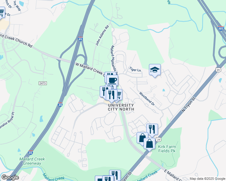 map of restaurants, bars, coffee shops, grocery stores, and more near 9539 Pinnacle Drive in Charlotte