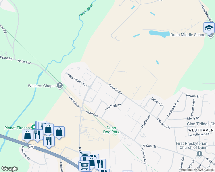 map of restaurants, bars, coffee shops, grocery stores, and more near 1911 Friendly Road in Dunn